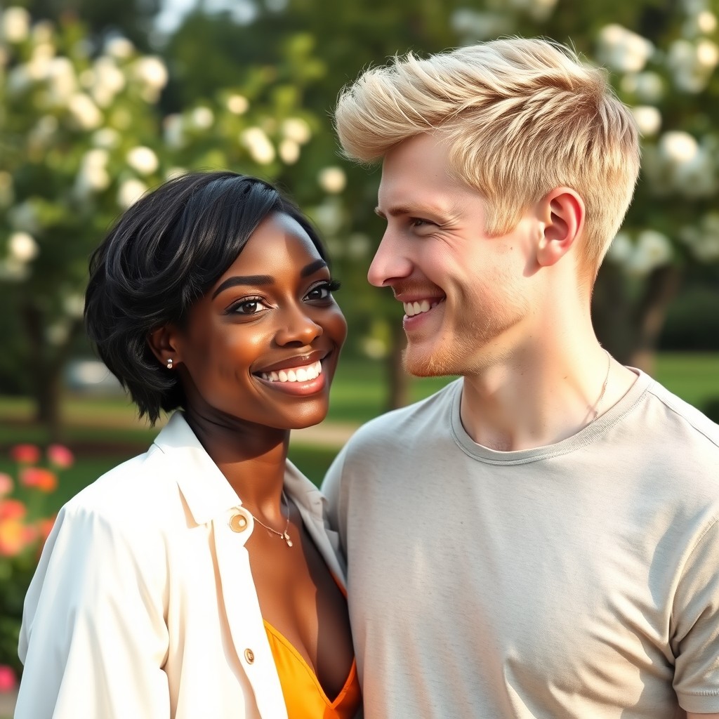 A beautiful black lightskin woman with short hair and brown light eyes, standing closely next to a tall white man with blond hair and blue eyes