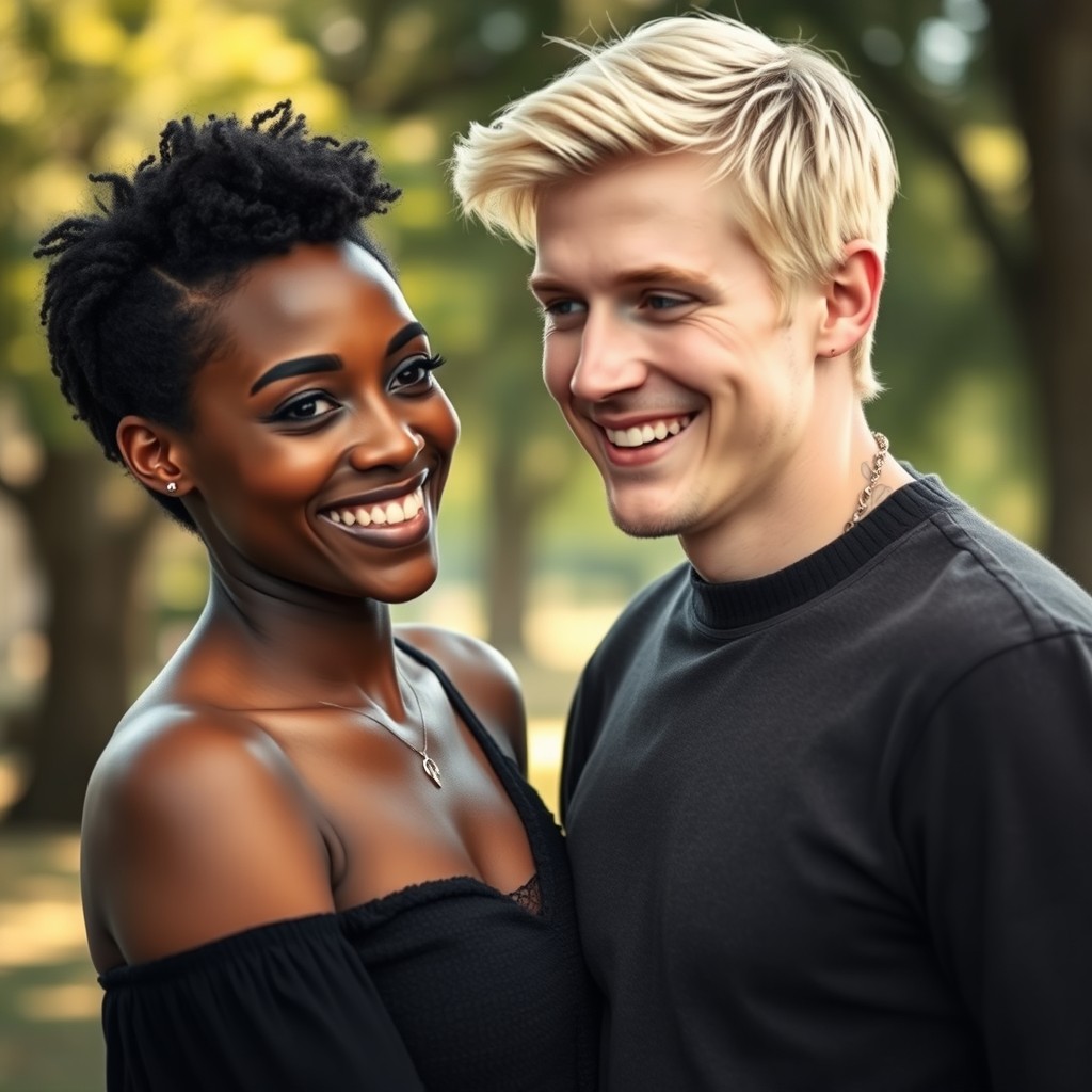 A striking black woman with short hair and brown light eyes, standing close to a tall white man with blond hair and blue eyes