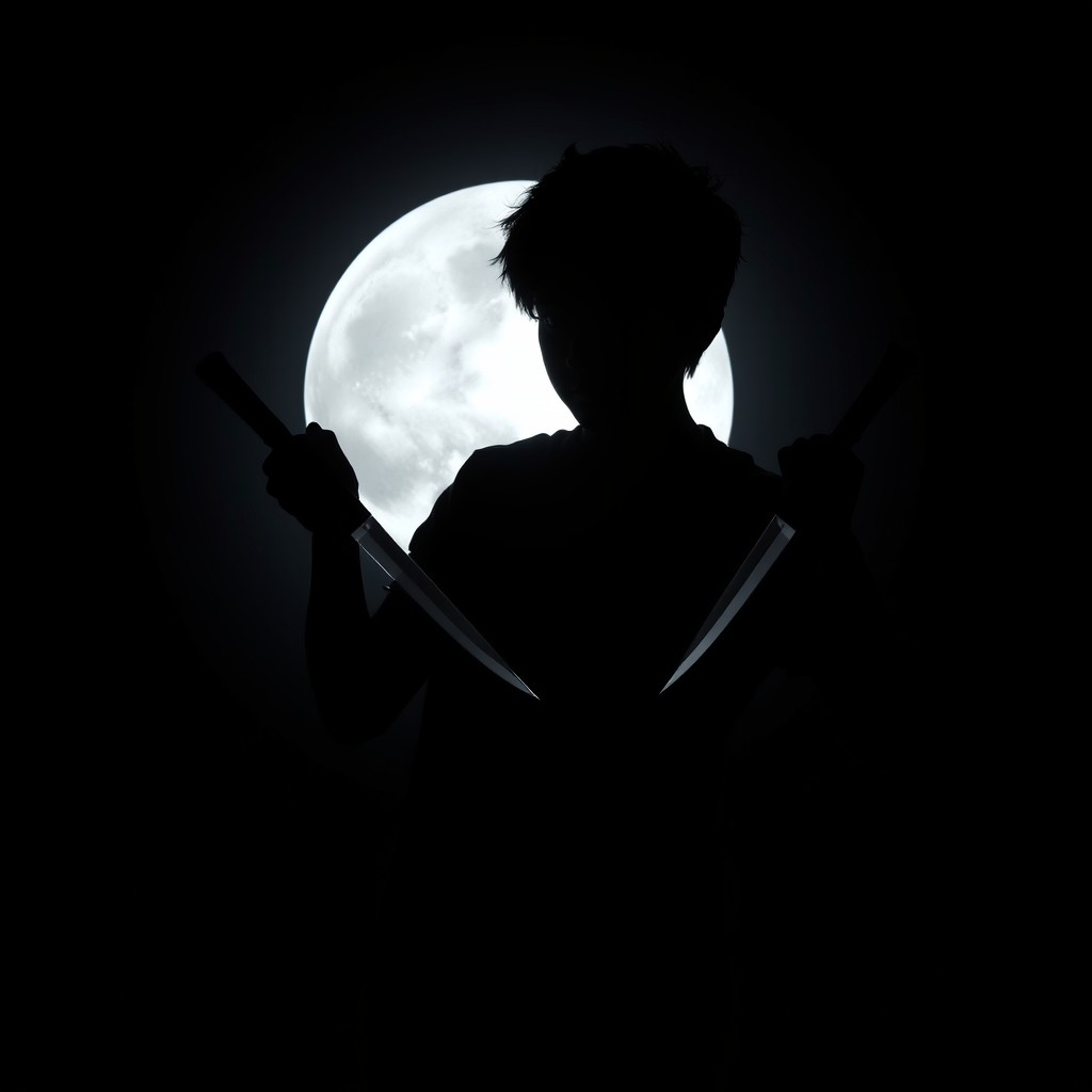 A fantasy teenage boy silhouetted against a black background, dramatically posed with a knife in each hand
