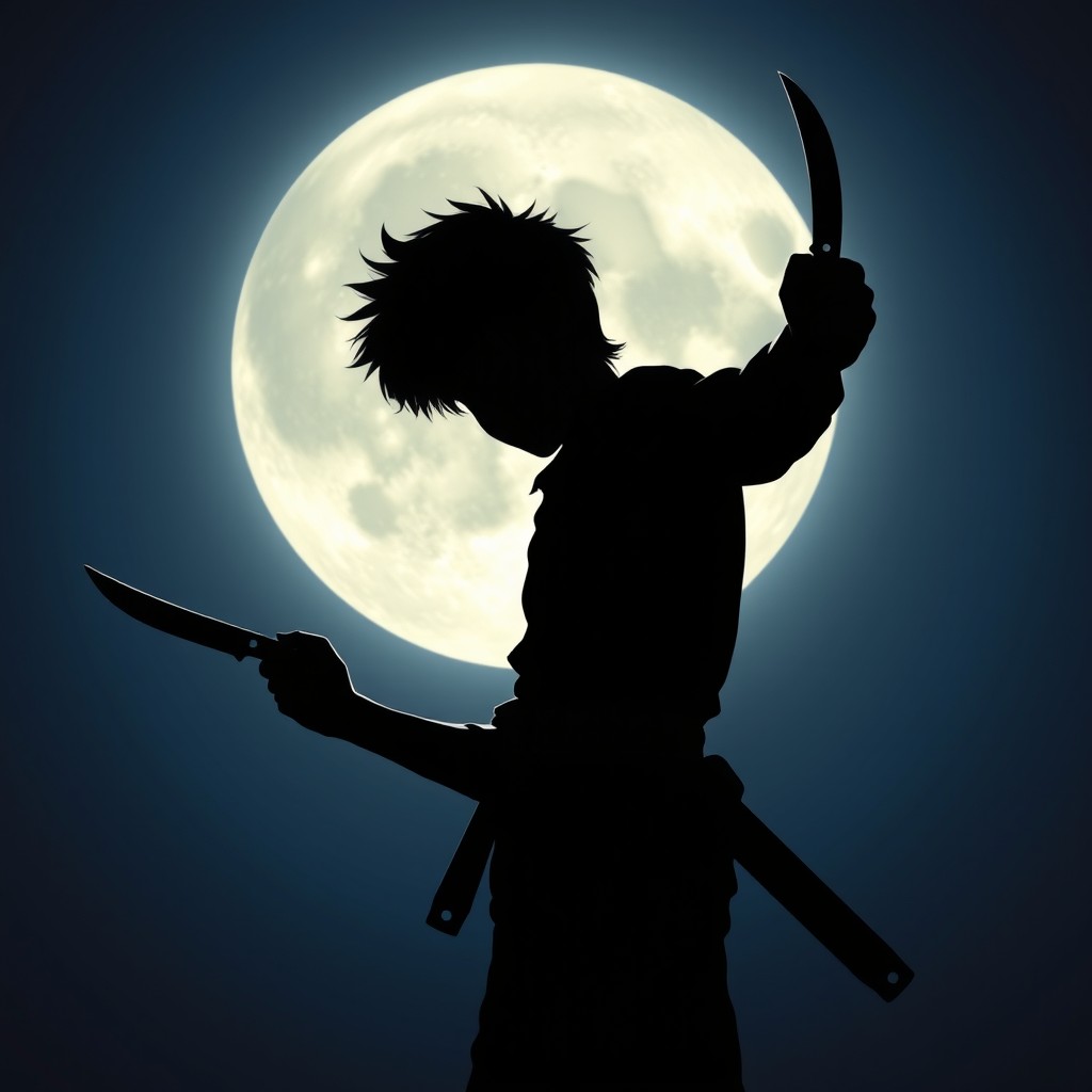 A fantasy teenage boy silhouetted against the night sky with a full moon rising behind him