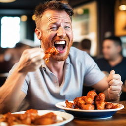 A man joyfully eating spicy chicken wings, his face gleaming with satisfaction as tangy sauce smears around his mouth, all set in a lively sports bar.