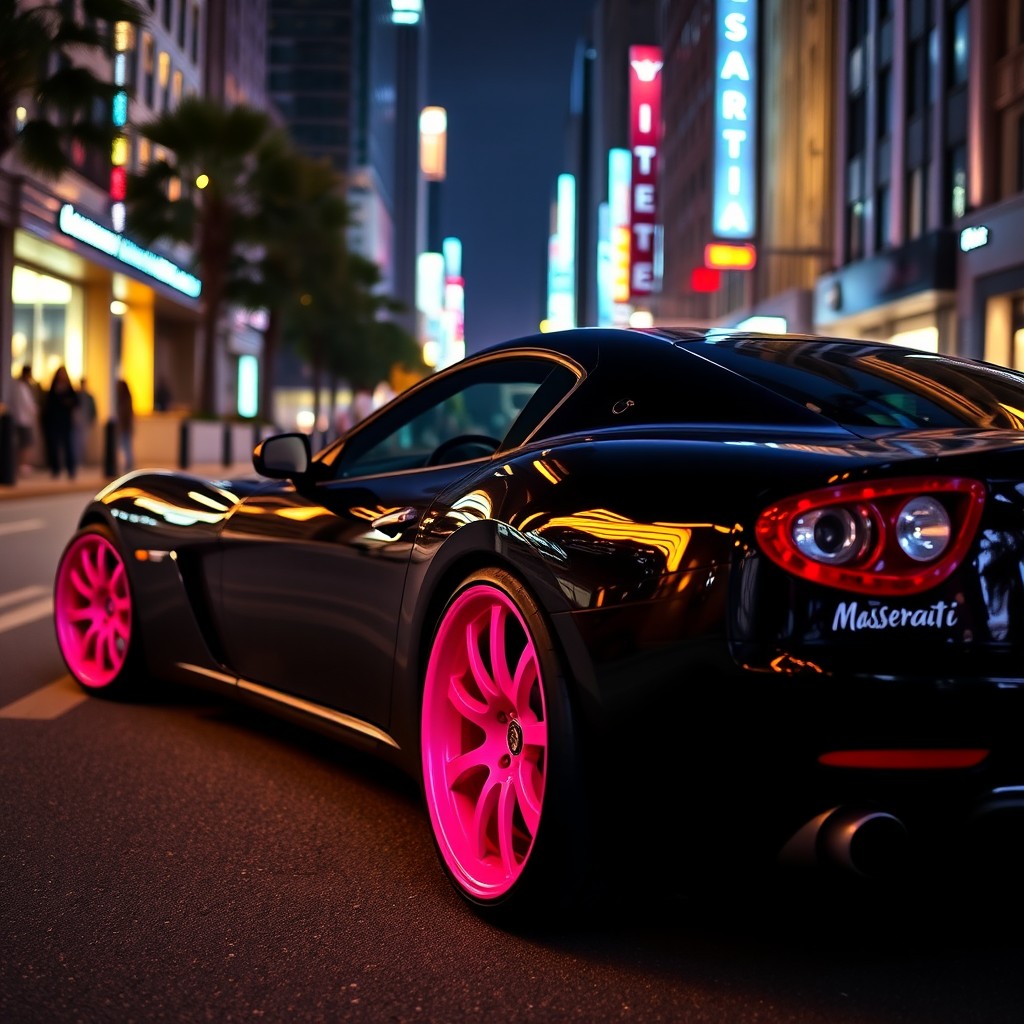 A striking black Maserati with pink rims parked against an urban backdrop