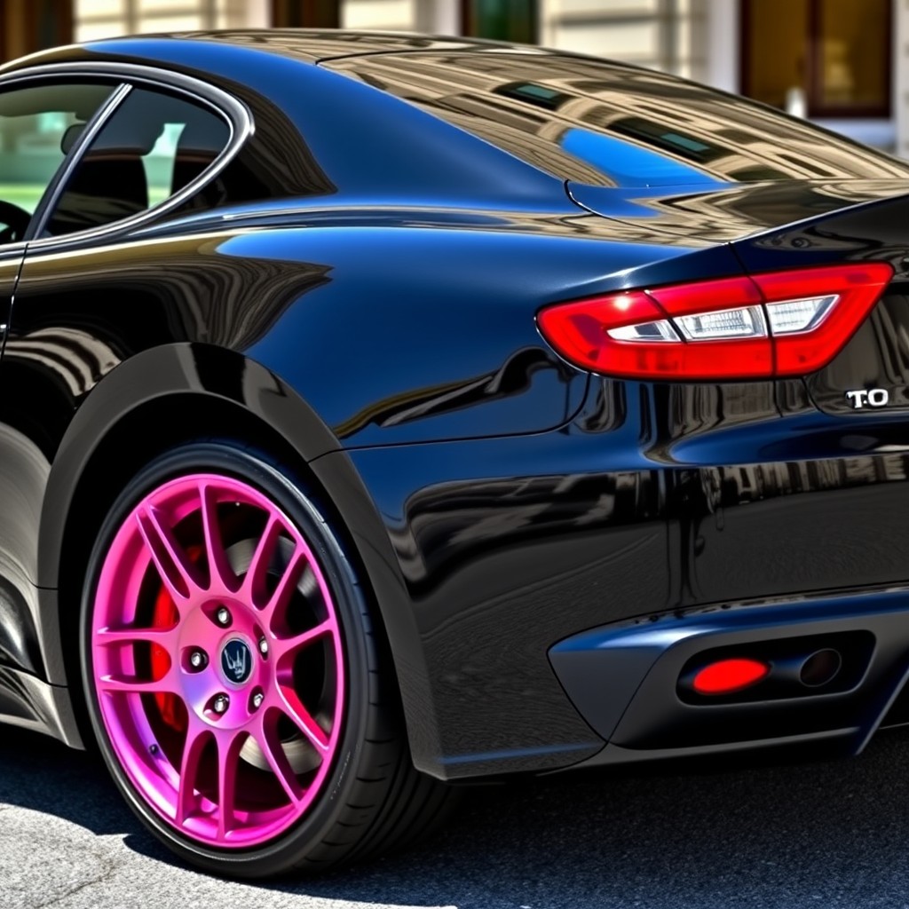 A sleek black Maserati with shiny pink rims and eye-catching red brake calipers parked elegantly