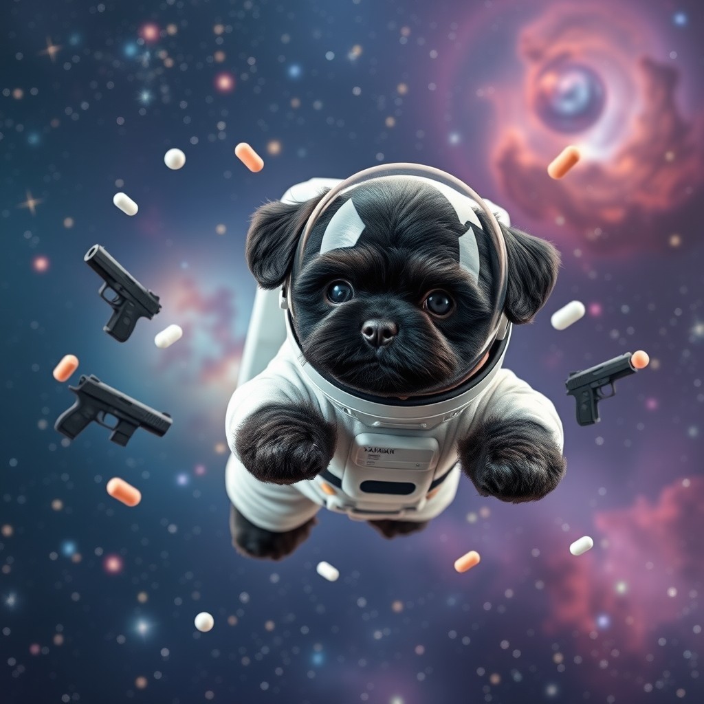 A cute black Shih Tzu-Poodle hybrid floating in the vastness of space, wearing a shiny astronaut costume complete with a helmet, looking adorable and adventurous