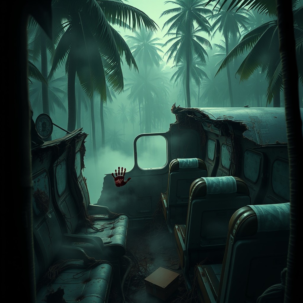 A hyper-realistic digital painting of an abandoned airplane nestled deep inside a dense rubber tree plantation in Malaysia