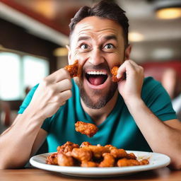 A man joyfully eating spicy chicken wings, his face gleaming with satisfaction as tangy sauce smears around his mouth, all set in a lively sports bar.