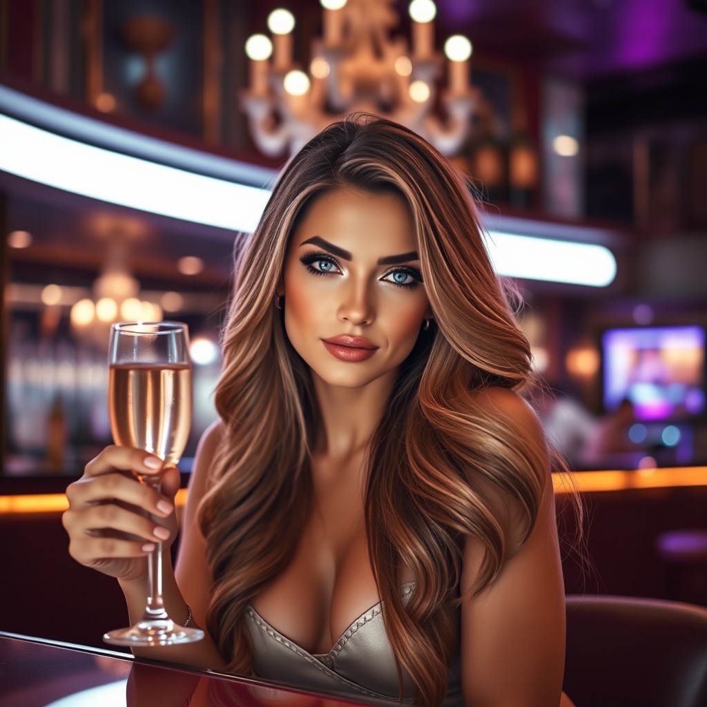 A stunningly beautiful and elegant lady sitting in a chic bar, set against a glamorous backdrop illuminated with soft lighting