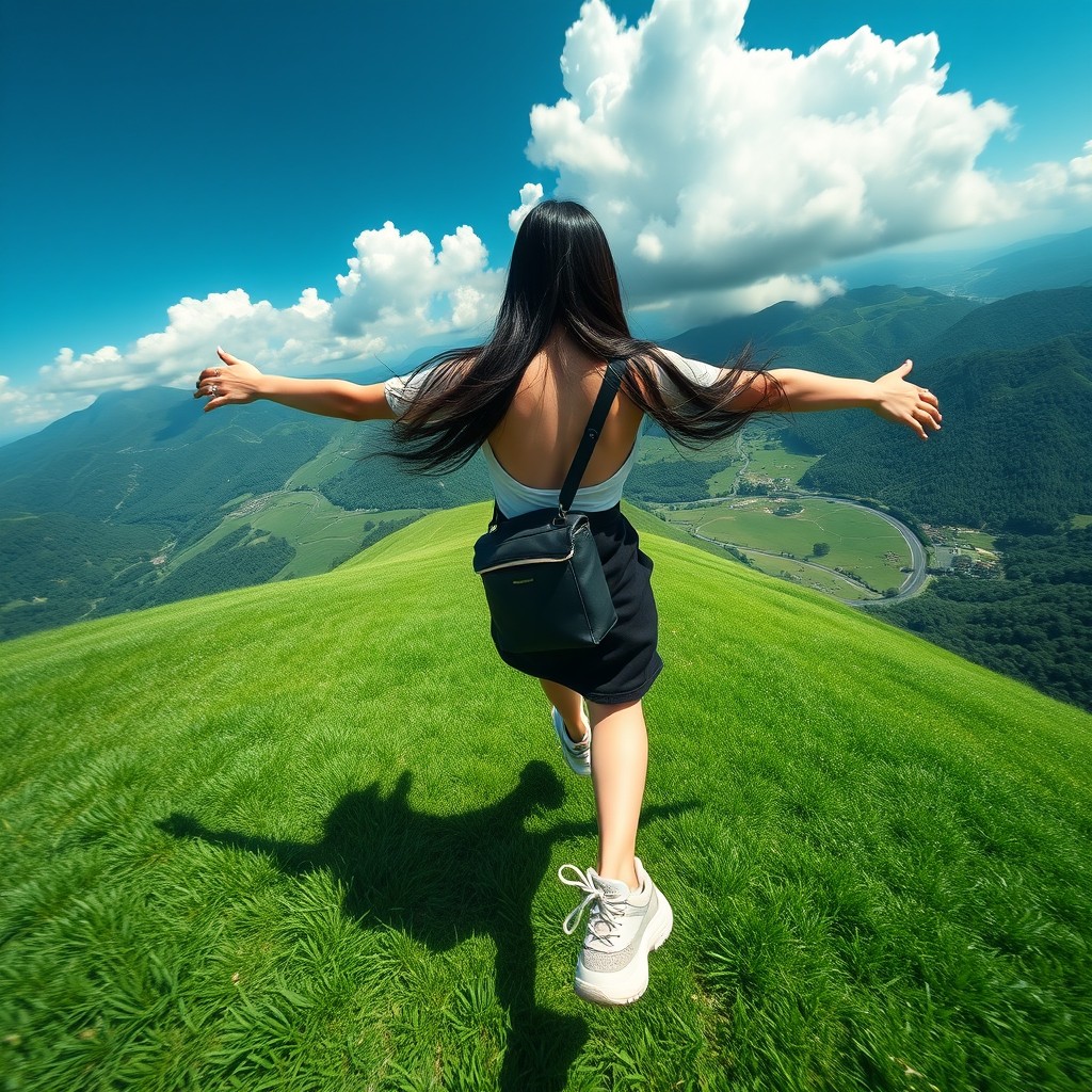 A super low angle, wide angle, close-up shot gliding across a lush green lawn, featuring a beautiful 17-year-old Korean female idol with charming long black hair
