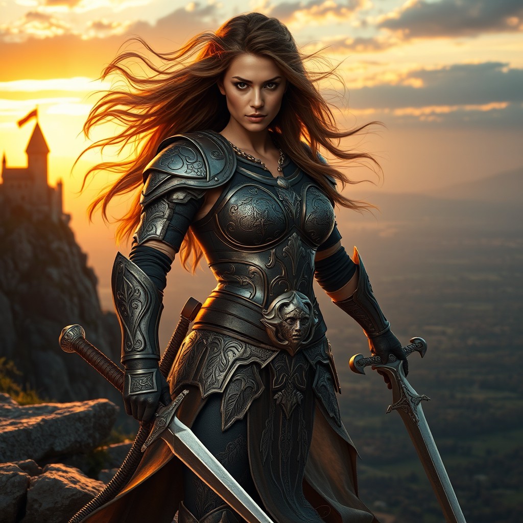 A fierce warrior woman, clad in intricately detailed armor that reflects her strength and agility, stands confidently on a rocky cliff overlooking a vast battlefield