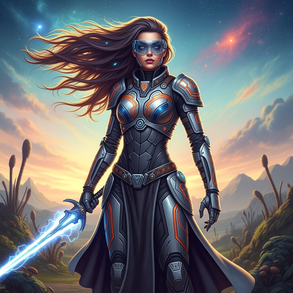 A powerful female sci-fi warrior standing on an alien planet, wearing a sleek, futuristic armor with intricate designs