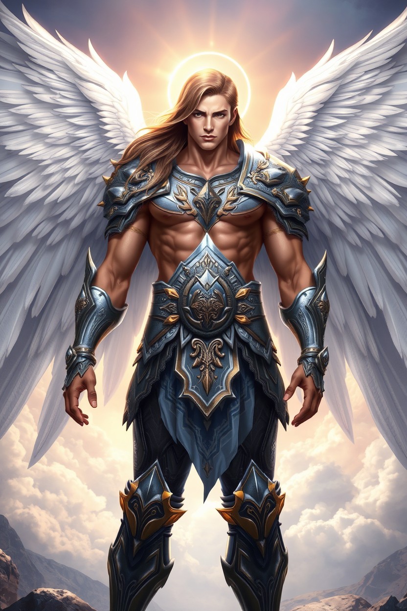 A handsome male warrior angel featuring majestic white wings, set in a fantasy environment
