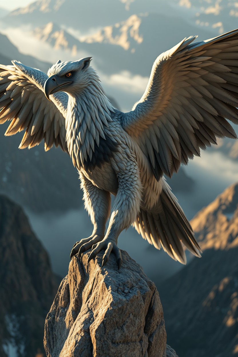 A hyper-realistic mountain griffin perched on a rugged cliff edge at dawn