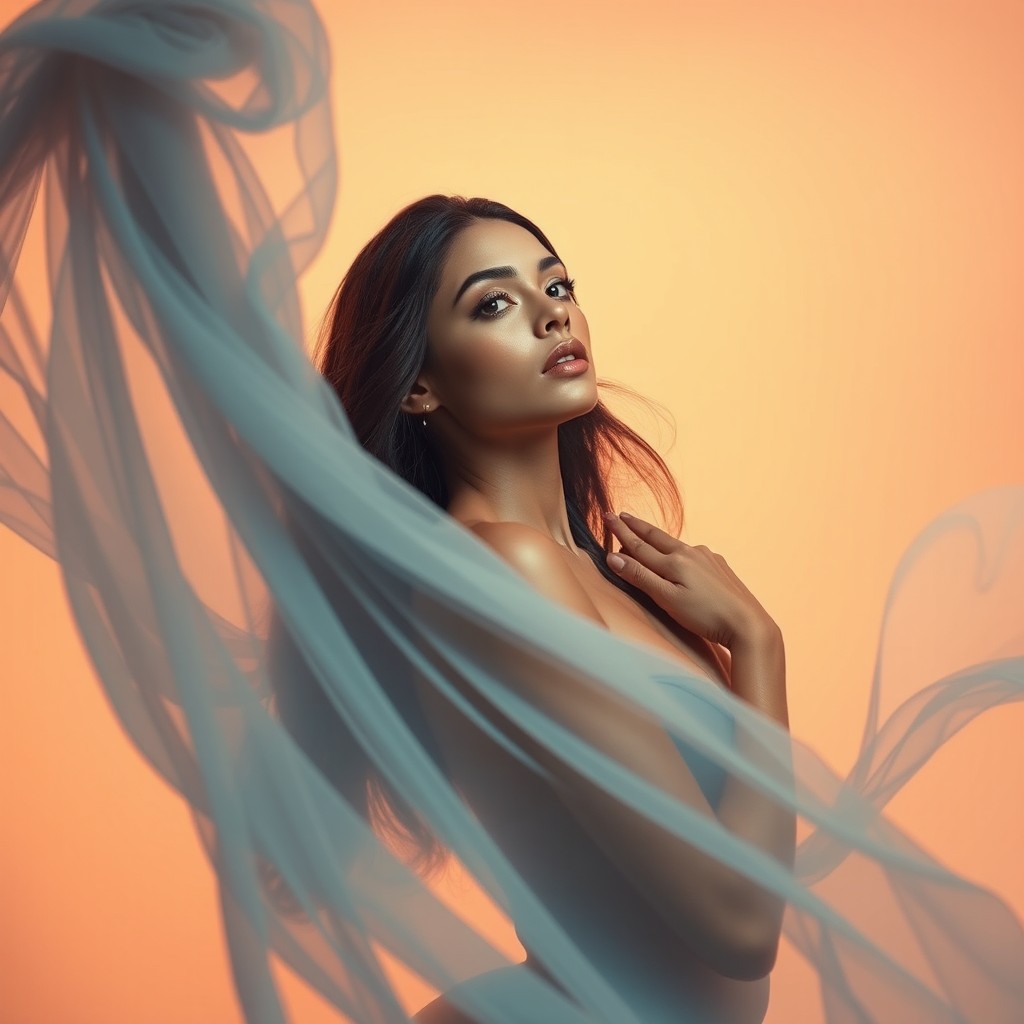 An artistic interpretation featuring a beautiful woman gracefully posed, surrounded by swirling fabric that suggests movement