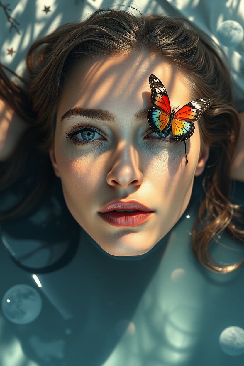 Ultra-realistic, hyper-realistic close-up portrait of a young woman with unusual but very attractive features, lying on water with only her face in full view