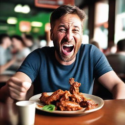 A man joyfully eating spicy chicken wings, his face gleaming with satisfaction as tangy sauce smears around his mouth, all set in a lively sports bar.