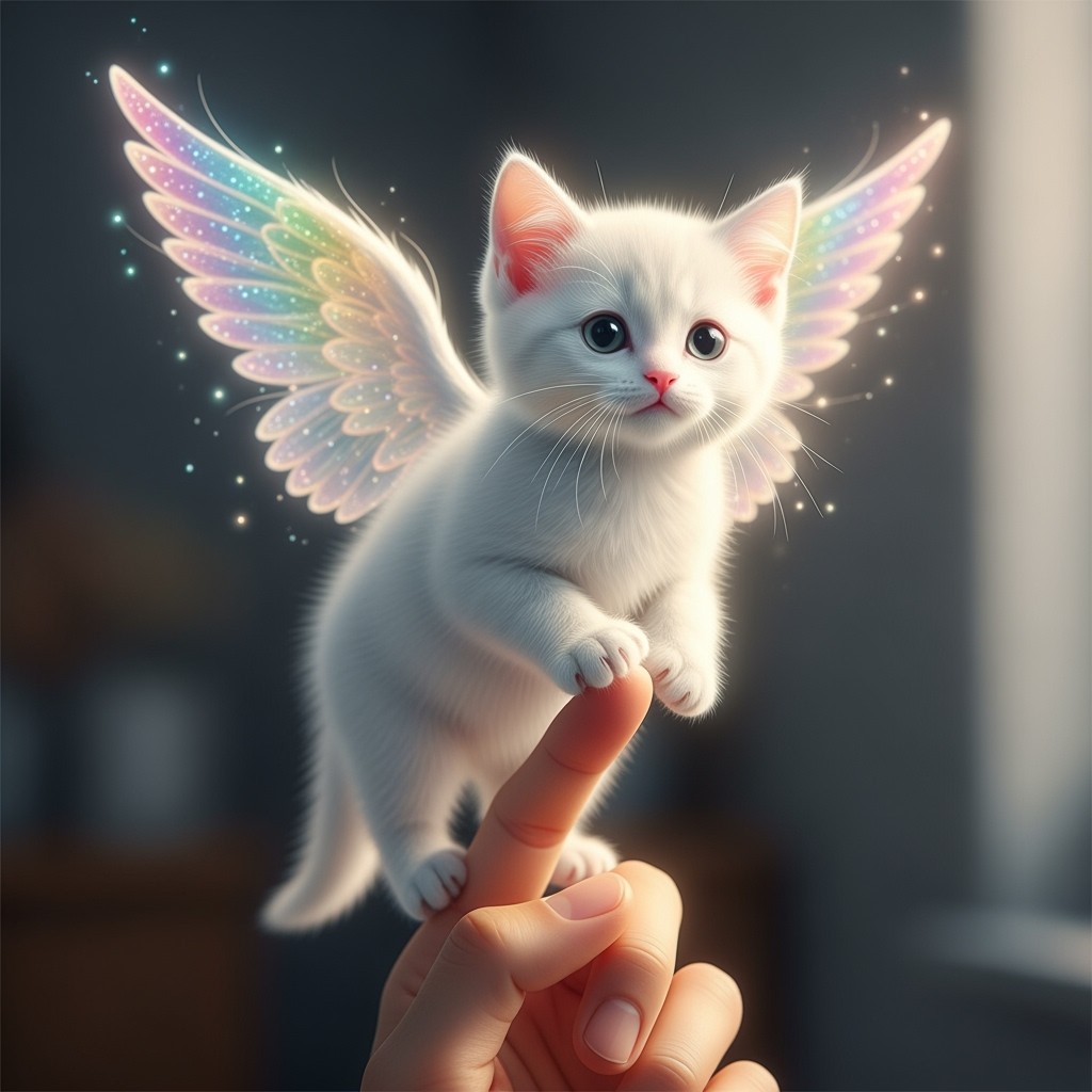 A mega hyper-realistic image of a small, white angelic kitten with transparent, rainbow-shimmering wings, delicately standing on the tip of a human finger
