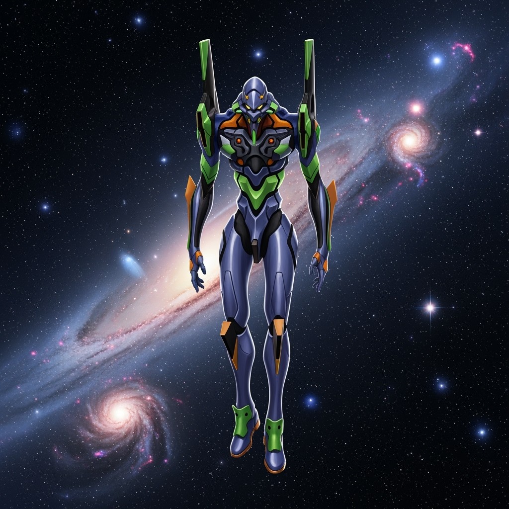 A stunningly detailed image of an Evangelion mech floating majestically in the vastness of space