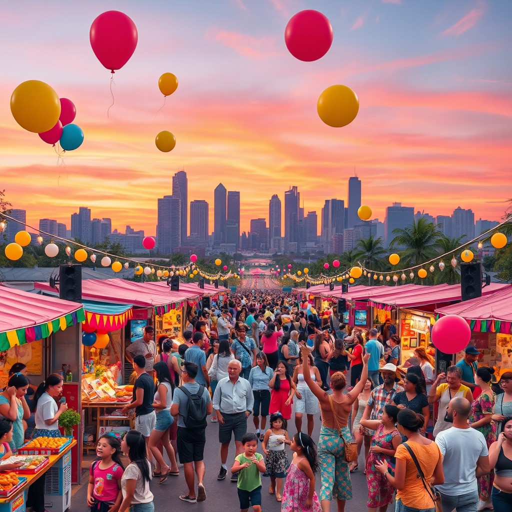 A vibrant urban scene featuring a dynamic street festival, filled with enthusiastic people of diverse backgrounds celebrating