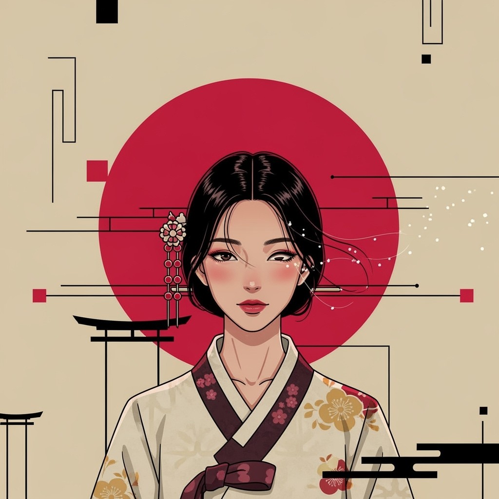 A serene, beautiful Korean idol woman in a traditional T-shirt, framed by a prominent crimson red sun disk