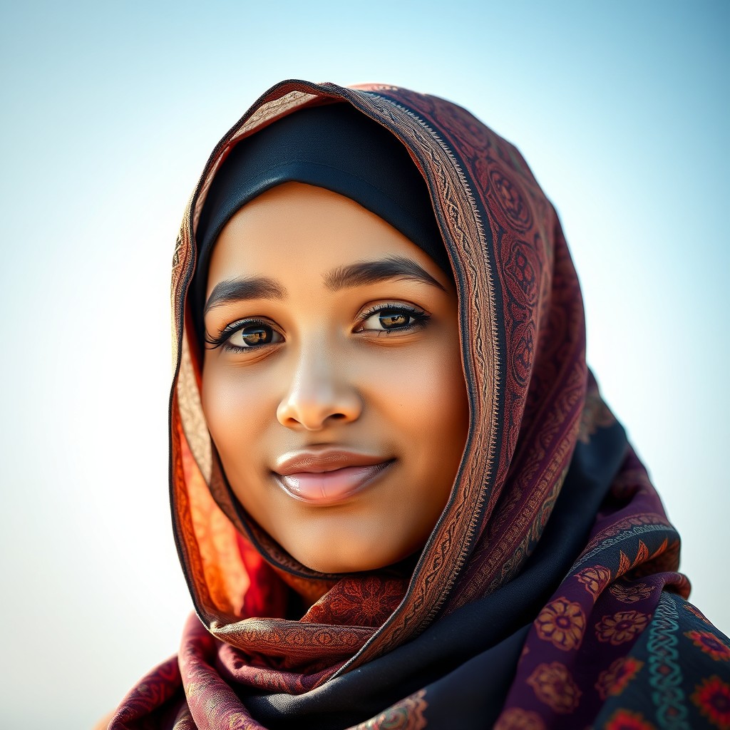 A stunning portrait of a young woman wearing a beautifully styled, vibrant hijab adorned with intricate patterns