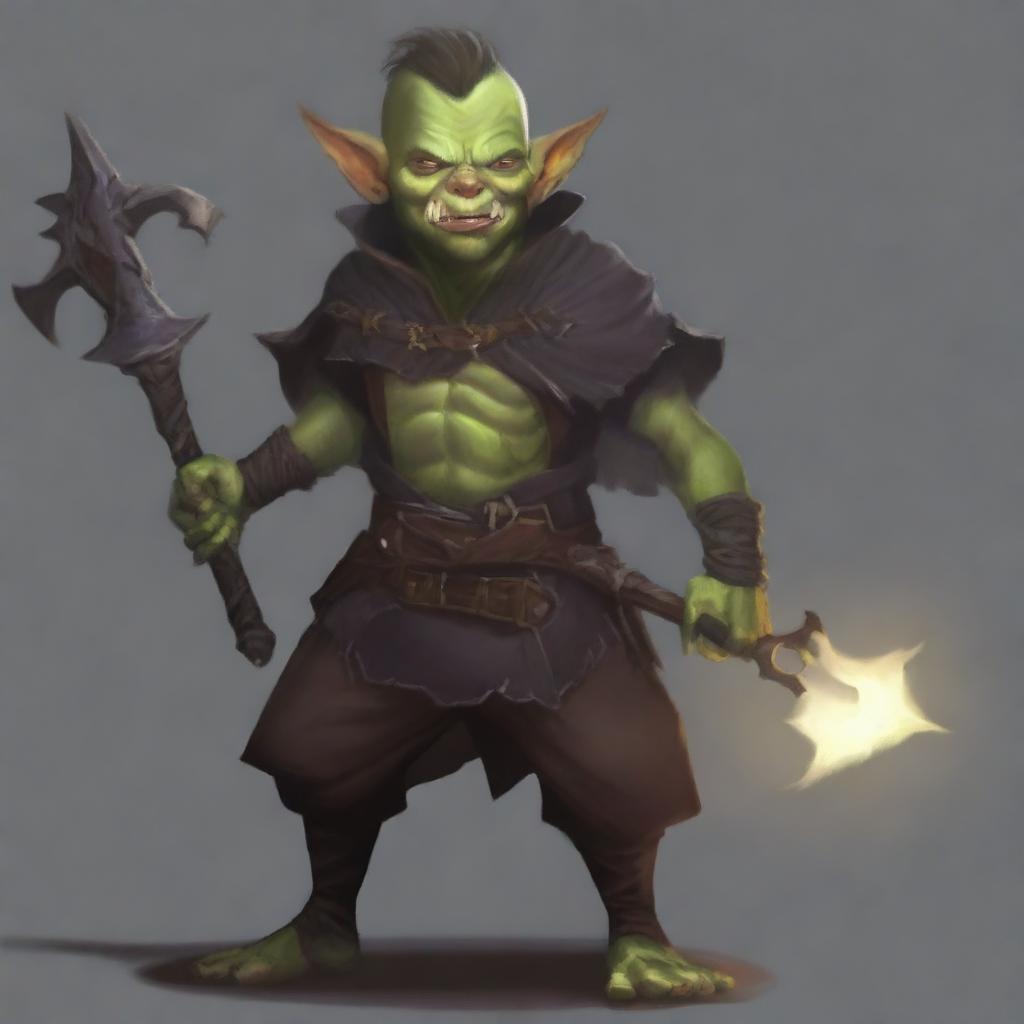 A high-quality digital art piece showcasing a male goblin warlock hexblade