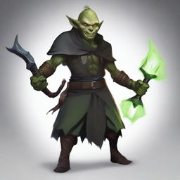 A high-quality digital art piece showcasing a male goblin warlock hexblade