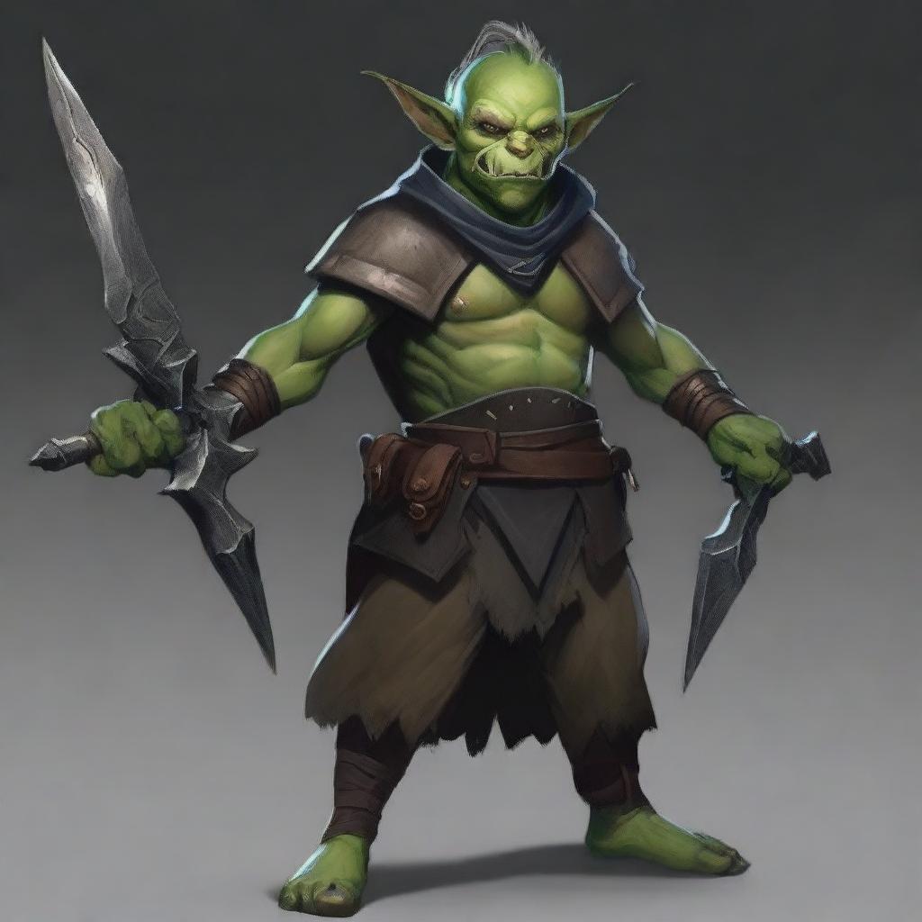 A high-quality digital art piece showcasing a male goblin warlock hexblade