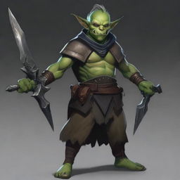 A high-quality digital art piece showcasing a male goblin warlock hexblade