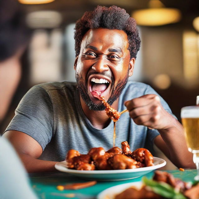 A man joyfully eating spicy chicken wings, his face gleaming with satisfaction as tangy sauce smears around his mouth, all set in a lively sports bar.