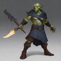 A high-quality digital art piece showcasing a male goblin warlock hexblade