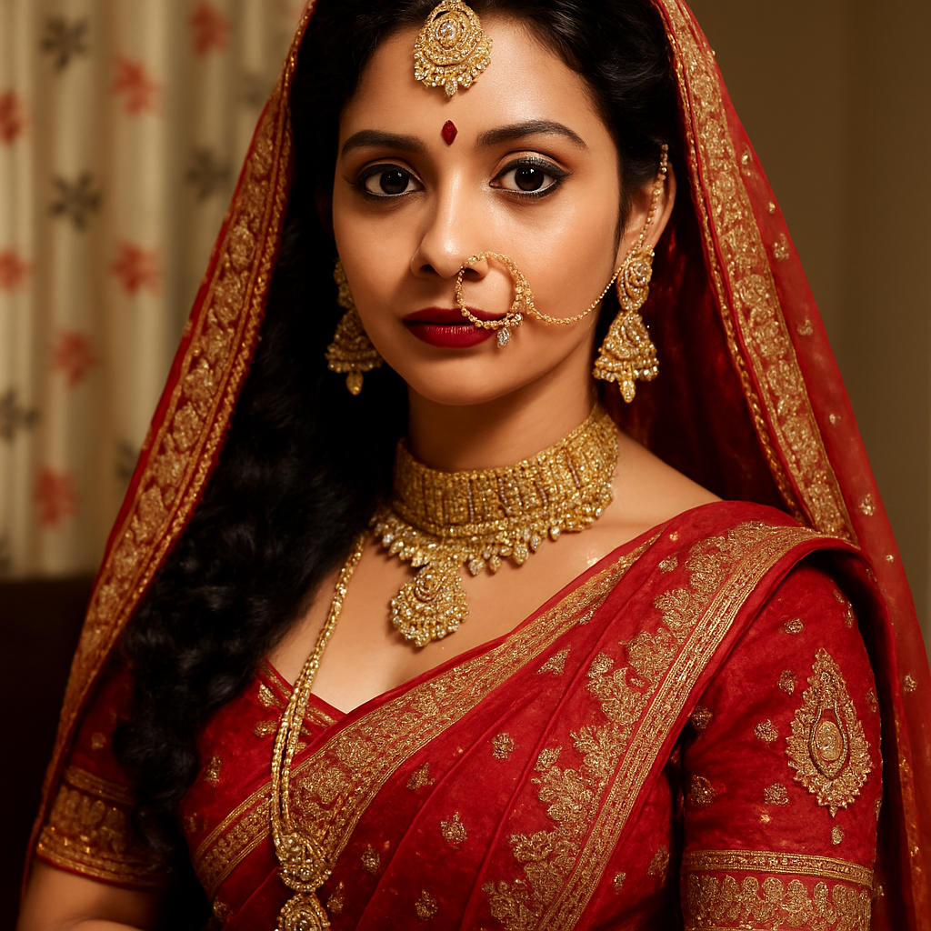 A beautiful Indian bride in a stunning ethnic bridal look, wearing a richly embroidered traditional red and gold lehenga