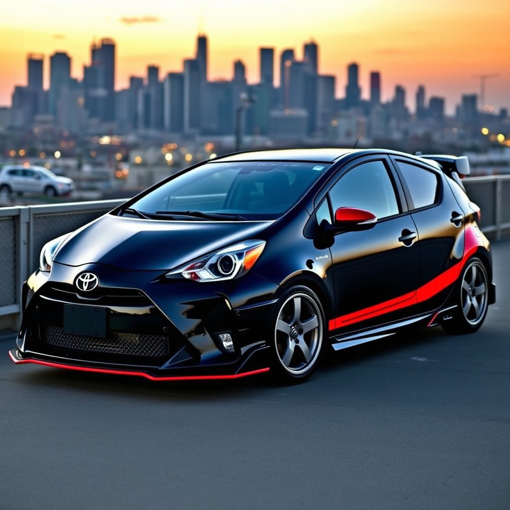 A custom-tuned Toyota Prius C with an aggressive exterior styling