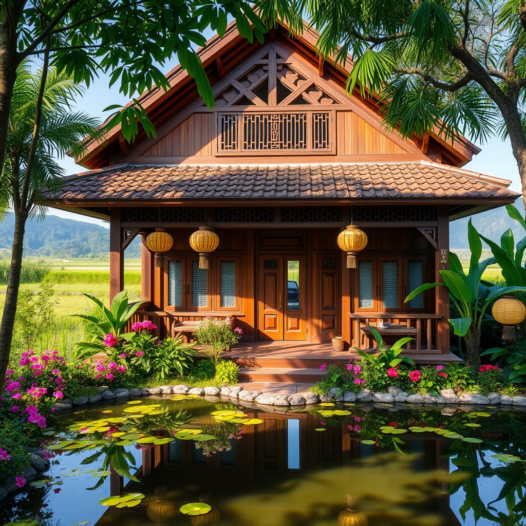 A beautiful traditional Vietnamese house set in a lush green landscape, featuring intricate wooden architecture and a charming sloped tile roof
