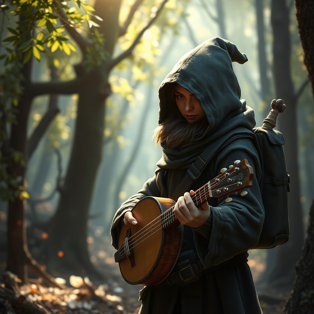 A Halbred dressed as a halfling in a hooded cloak, with a backpack and a scroll tube slung over his shoulder