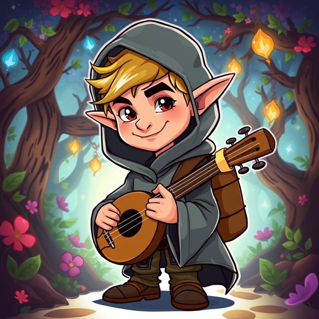 A stylized illustration of a male halfling dressed in a hooded cloak, looking directly at the camera with a confident expression