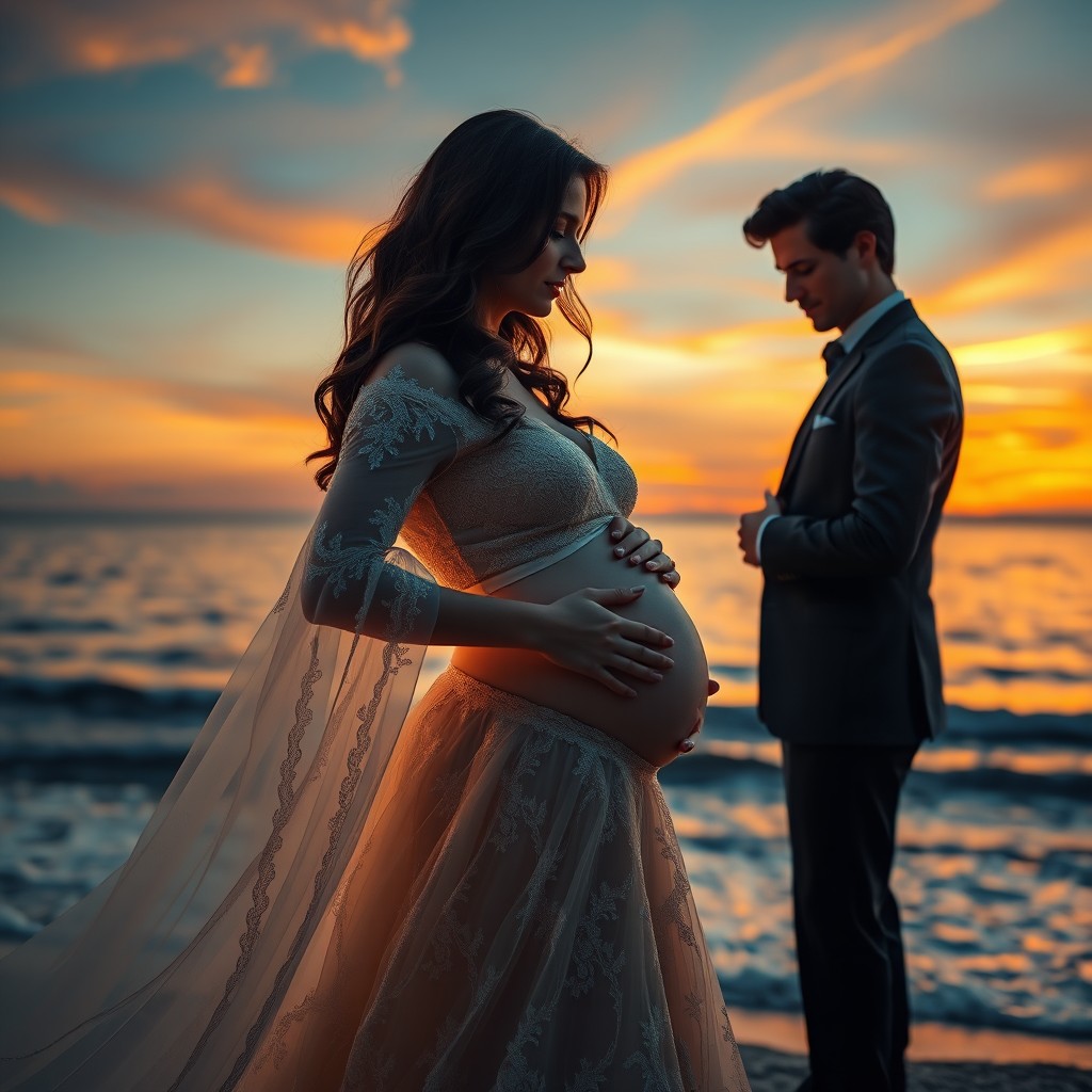 A stunning pregnant brunette woman radiating beauty, dressed in an elegant and flowing gown