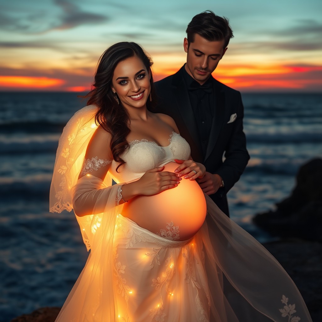 A beautiful pregnant brunette woman, radiating with beauty and warmth, dressed in an exquisite, flowing gown that accentuates her figure