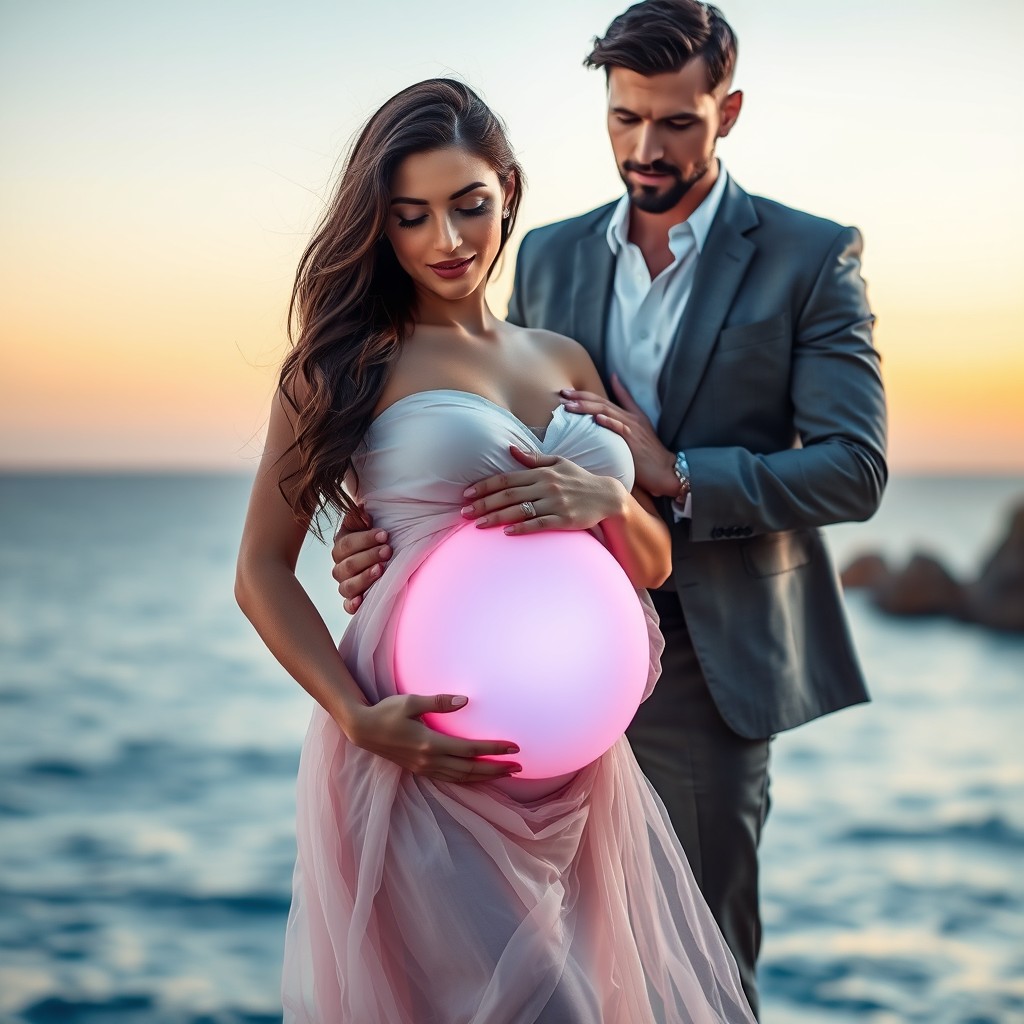 A stunning, pregnant brunette woman with a glowing belly that highlights the fetus inside, dressed in a beautiful, flowing gown