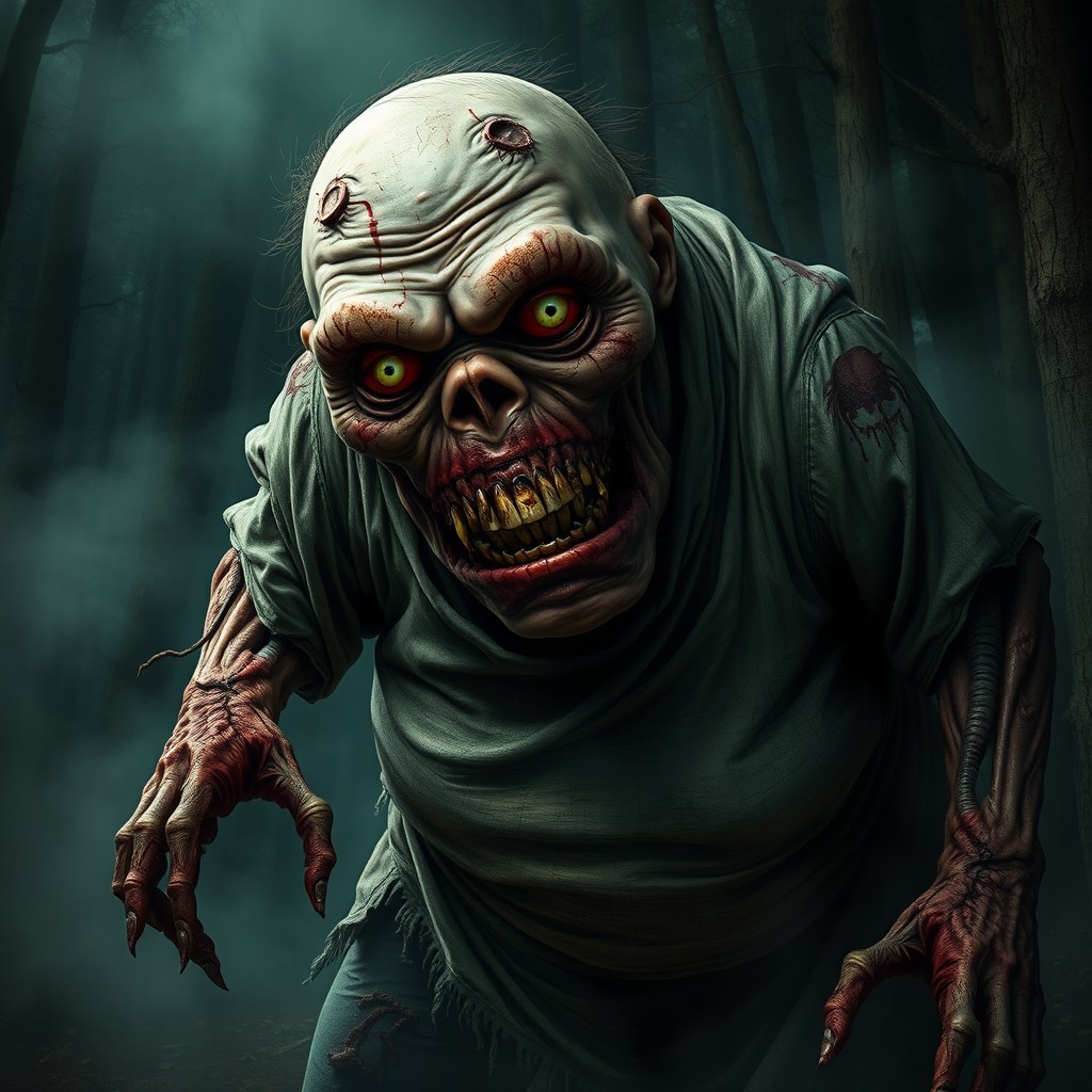 A grotesque and terrifying fat zombie with a horrifyingly detailed face, featuring decayed skin, sunken eyes, and sharp, jagged teeth