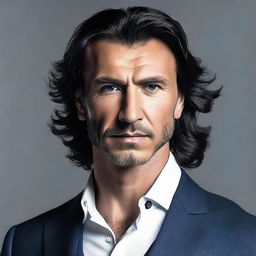 A tall and muscular Turkish man with dark blue eyes, white skin, and wavy black hair. He has a less defined jawline and is garbed in a dashing suit.