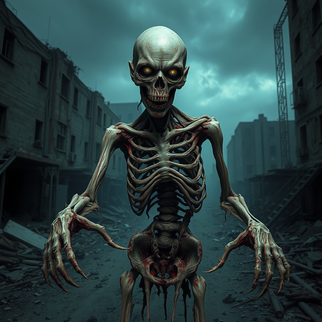 A chilling and emaciated zombie, featuring a gruesome appearance with no skin, revealing its raw muscles and sinewy tendons