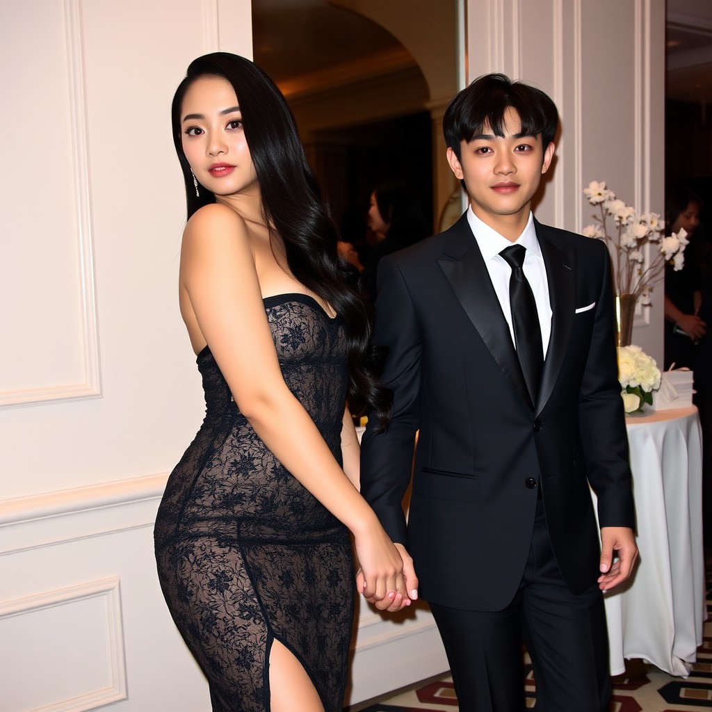 A curvy Korean woman with long black hair, wearing a stunning and revealing cocktail dress, elegantly holding hands with Hyunjin from Stray Kids, who is dapperly dressed in a sharp suit