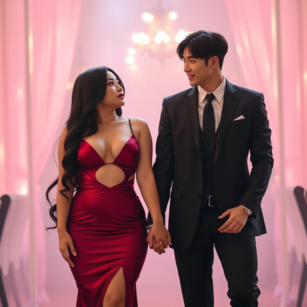 A curvy Korean woman with long black hair, wearing a stunning and revealing cocktail dress, holding hands with Hwang Hyunjin from Stray Kids, who is stylishly dressed in a sharp suit