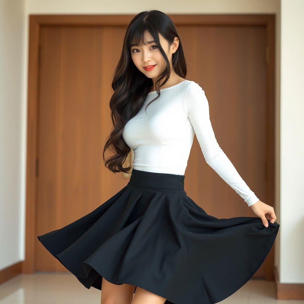 A young cute Japanese woman indoors, wearing a tight-fitting white long-sleeve top that beautifully complements her figure, paired with a high-waisted black skirt that flares outward, creating a striking visual impact