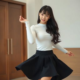 A young cute Japanese woman indoors, wearing a tight-fitting white long-sleeve top that beautifully complements her figure, paired with a high-waisted black skirt that flares outward, creating a striking visual impact