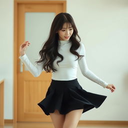 A young cute Japanese woman indoors, wearing a tight-fitting white long-sleeve top that beautifully complements her figure, paired with a high-waisted black skirt that flares outward, creating a striking visual impact