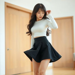 A young cute Japanese woman indoors, wearing a tight-fitting white long-sleeve top that beautifully complements her figure, paired with a high-waisted black skirt that flares outward, creating a striking visual impact