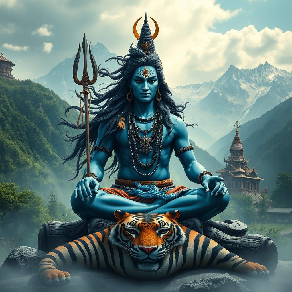 A captivating docu-drama scene depicting Lord Shiva, the Hindu god of destruction and transformation, surrounded by lush green forests on the Himalayas