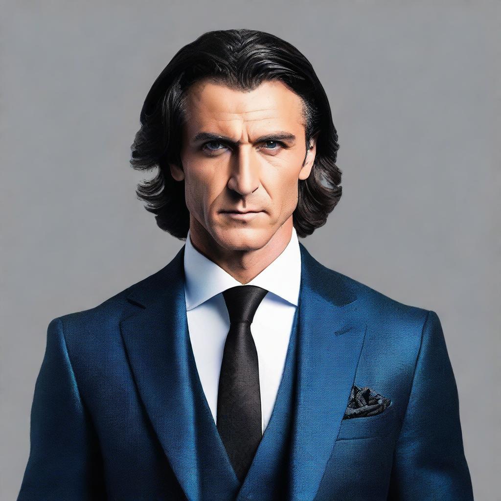 A tall and muscular Turkish man with dark blue eyes, white skin, and wavy black hair. He has a less defined jawline and is garbed in a dashing suit.