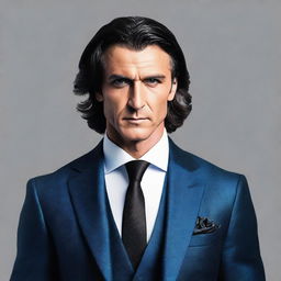 A tall and muscular Turkish man with dark blue eyes, white skin, and wavy black hair. He has a less defined jawline and is garbed in a dashing suit.